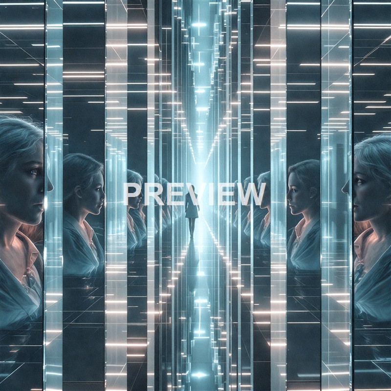 The image depicts a futuristic corridor lined with mirrors and illuminated with blue and white lights, with a silhouette of a person walking away from the camera at the end of the hall, creating a symmetrical reflection of the scene.